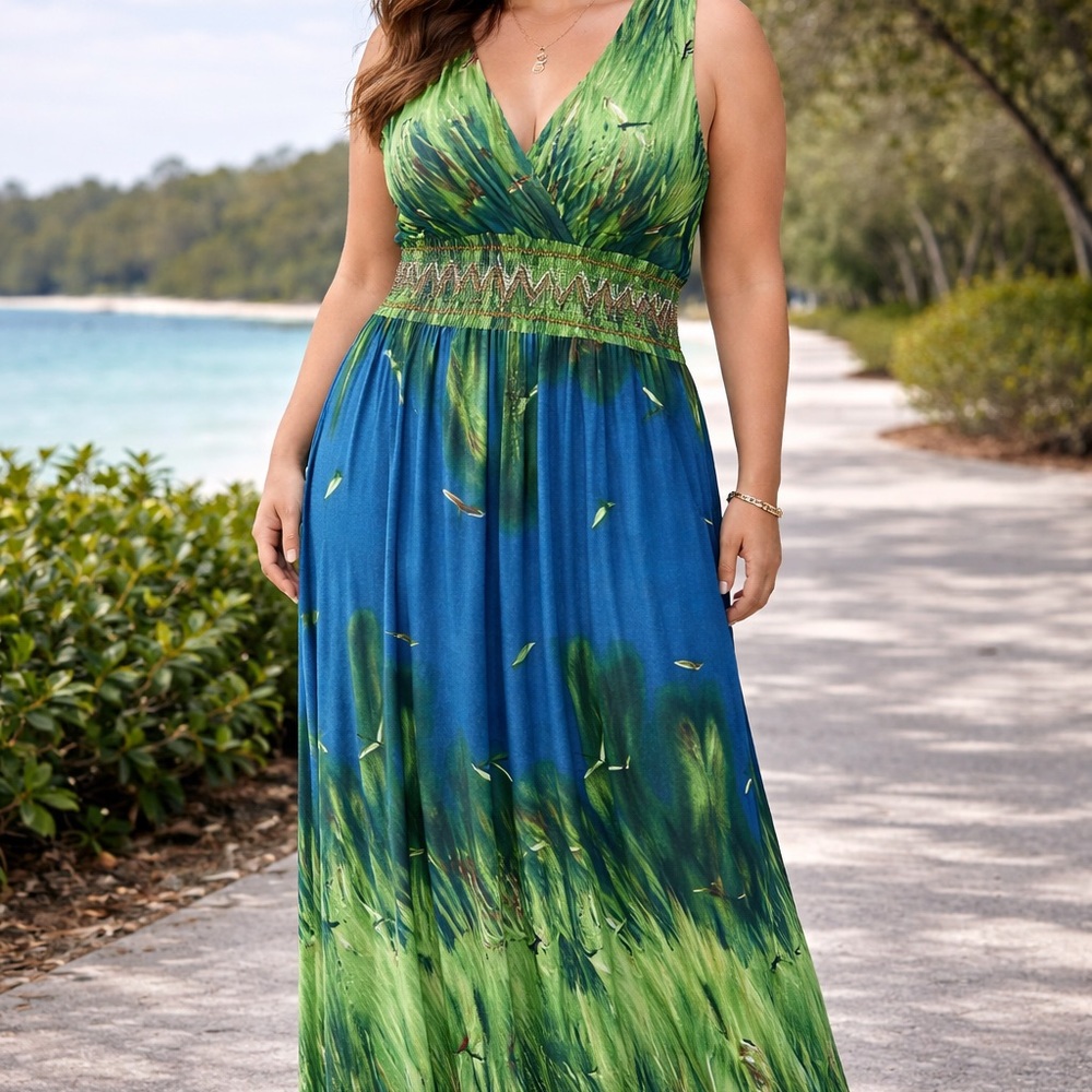 ropical Maxi Dress Green Blue Sleeveless Stretchy Vacation Resort